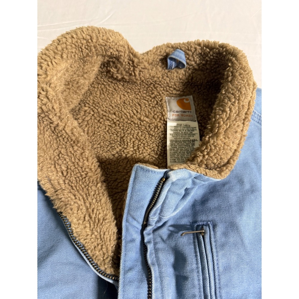 Vintage Carhartt WJ022 FHB Blue Womens Jacket Sherpa Lined Sandstone Duck Coat - Picture 15 of 16